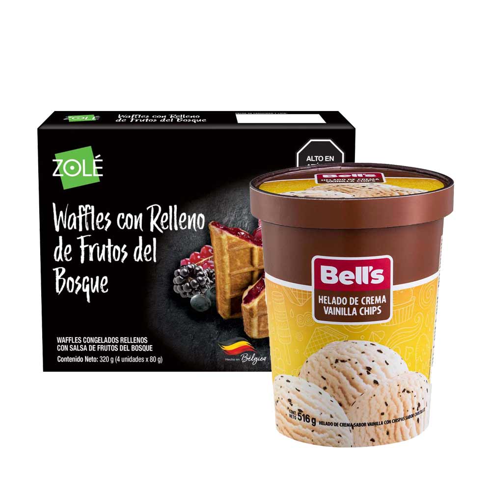 Pack Helado BELL'S Vainilla Chips Pote 516g + Waffles ZOLE Relleno Frutos del Bosque Caja 320g