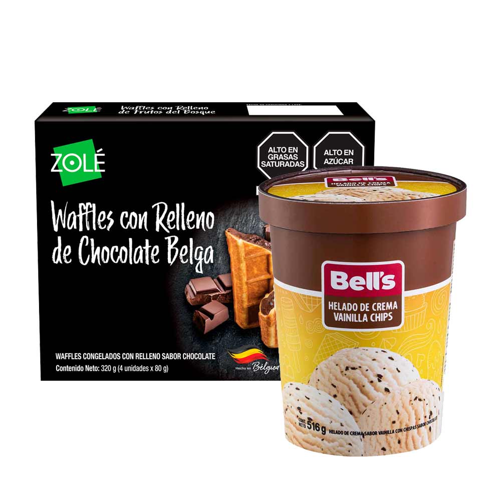Pack Helado BELL'S Vainilla Chips Pote 516g + Waffles ZOLE Relleno Chocolate Belga Caja 320g