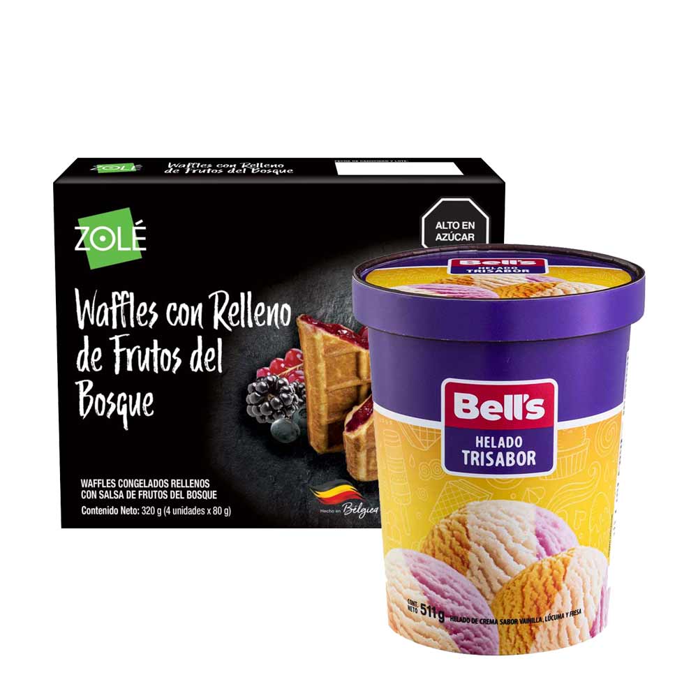 Pack Helado BELL'S Trisabor Pote 511g + Waffles ZOLE Relleno Frutos del Bosque Caja 320g