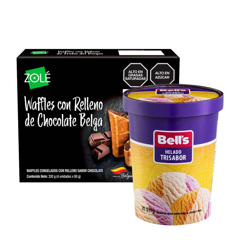 Pack Helado BELL'S Trisabor Pote 511g + Waffles ZOLE Relleno Chocolate Belga Caja 320g