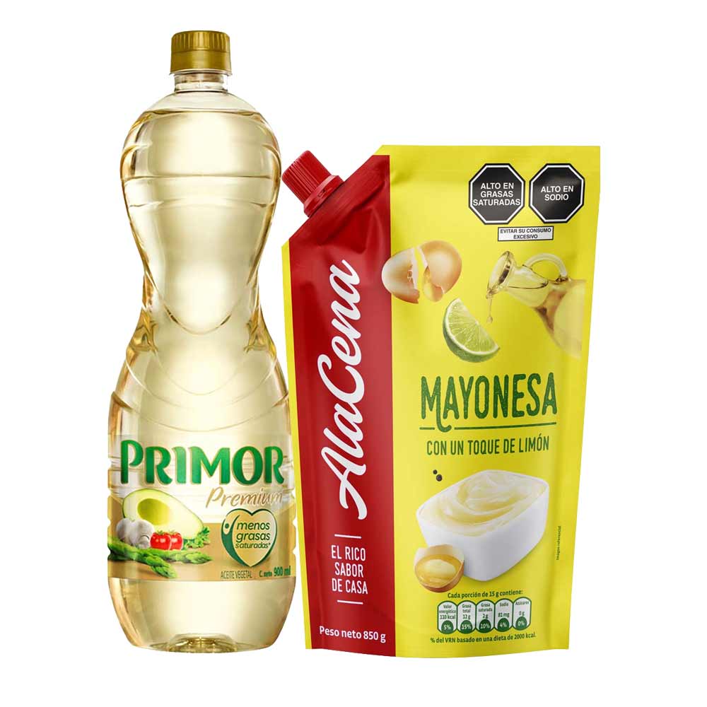 Pack Aceite Vegetal PRIMOR Premium Botella 900ml + Mayonesa ALACENA Doypack 850g