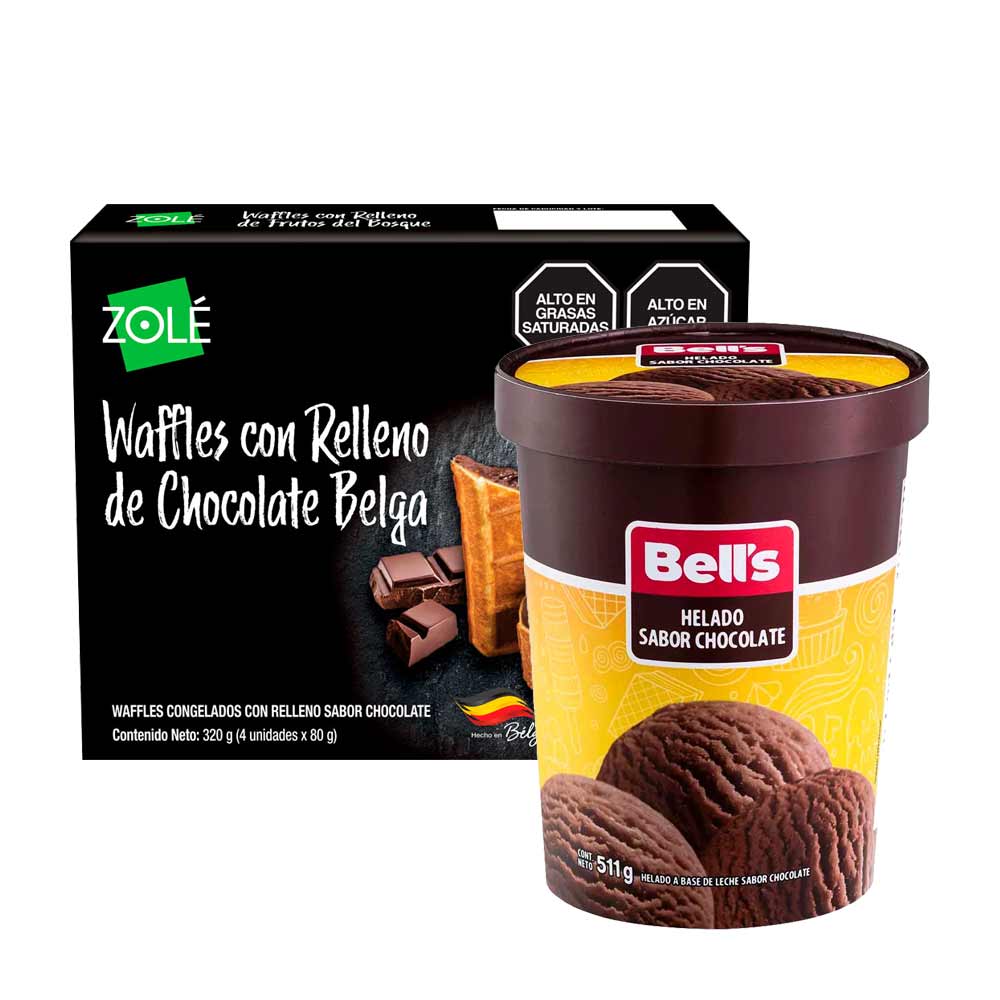 Pack Helado BELL'S Chocolate Pote 511g + Waffles ZOLE Relleno Chocolate Belga Caja 320g