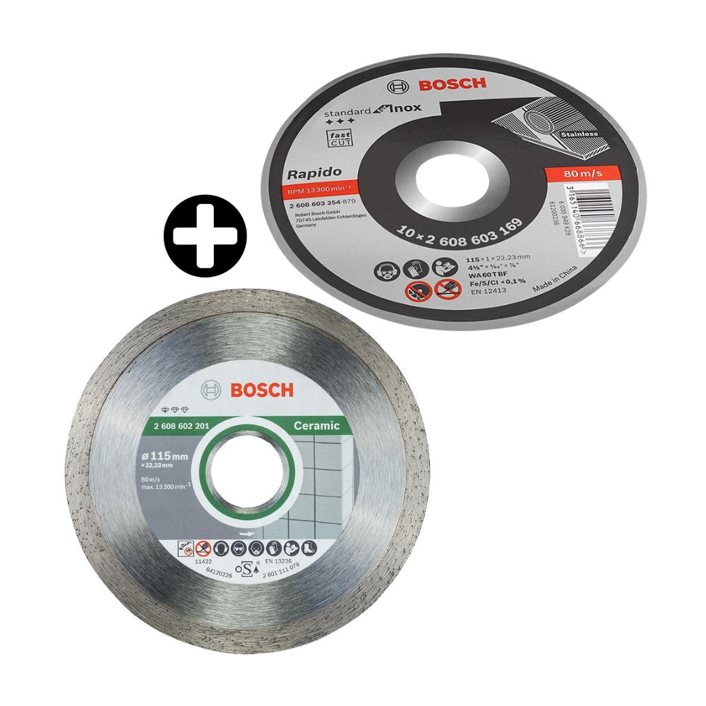 COMBO Bosch: Disco de corte inoxidable 115x1mm x10 + Disco diamantado Standard para cerámica y azulejos 115mm
