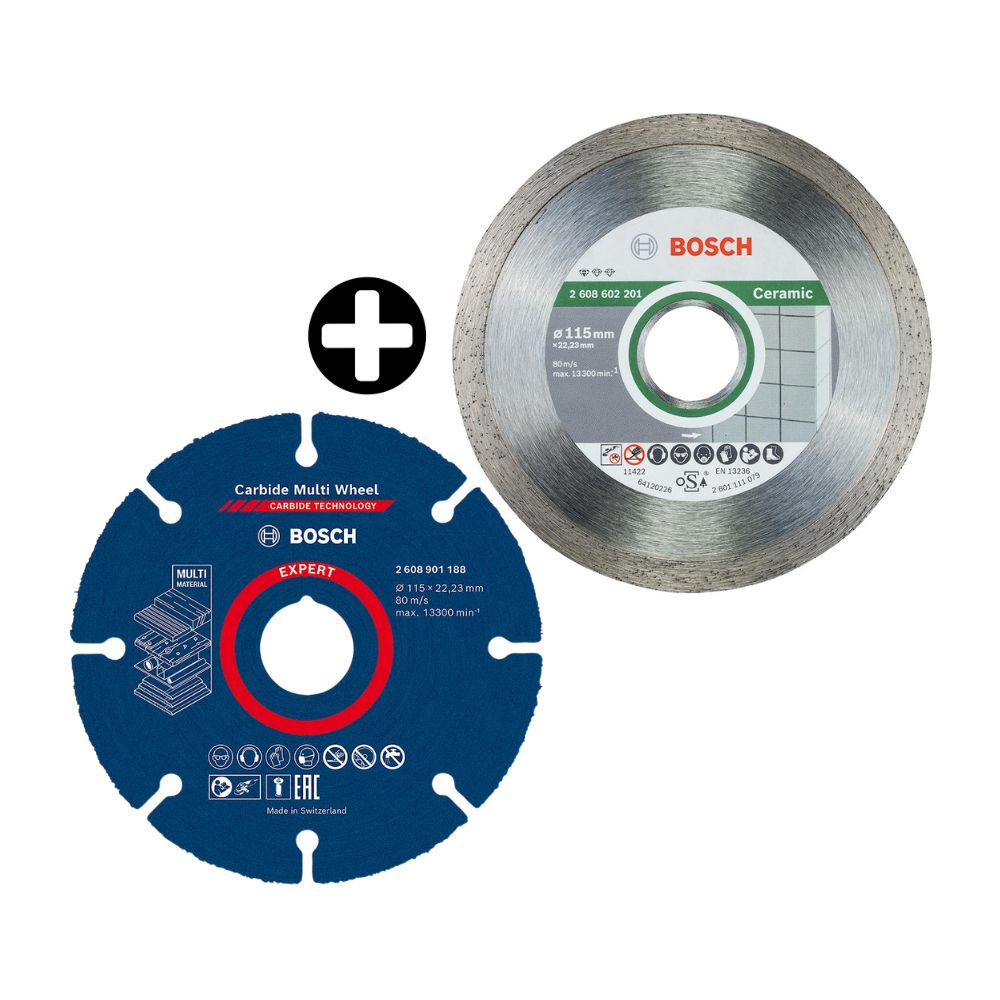 COMBO Bosch: Disco de corte para Madera 4 1/2" + Disco Diamantado Standard para cerámica y azulejos 115mm