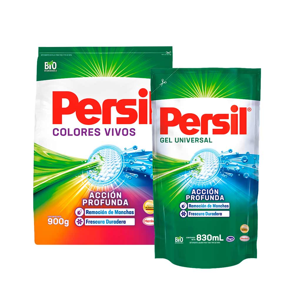 Pack PERSIL Detergente Líquido Universal Doypack 830ml + Detergente en Polvo Color Bolsa 900g