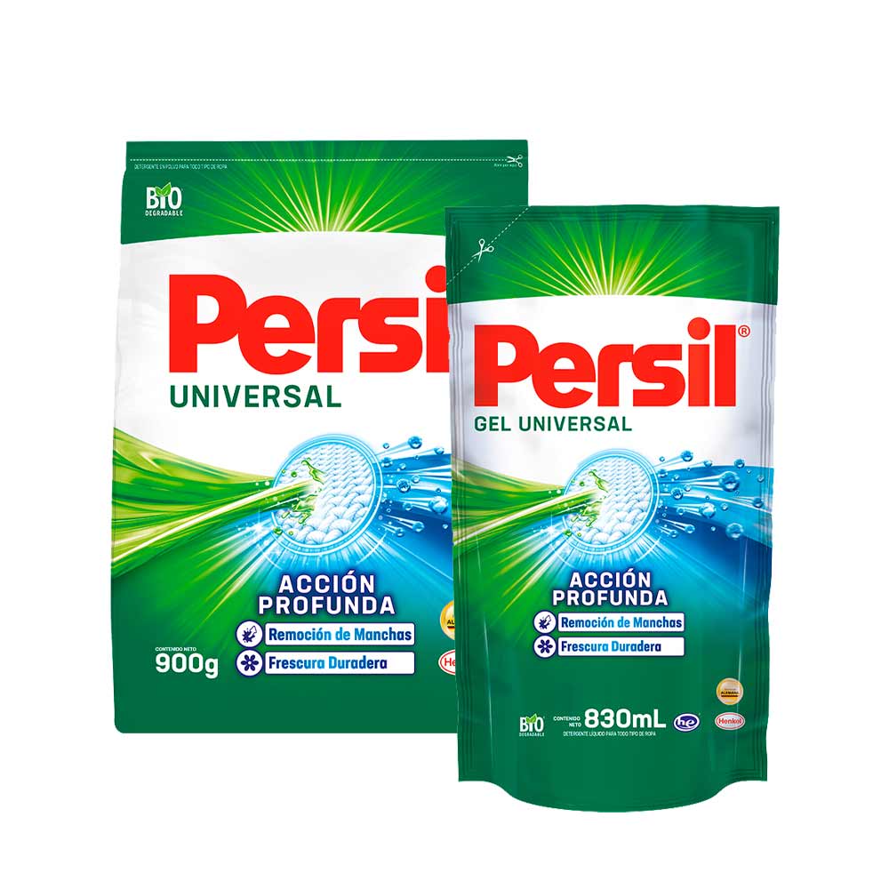 Pack PERSIL Detergente en Polvo Universal 900g + Detergente Líquido Universal Doypack 830ml