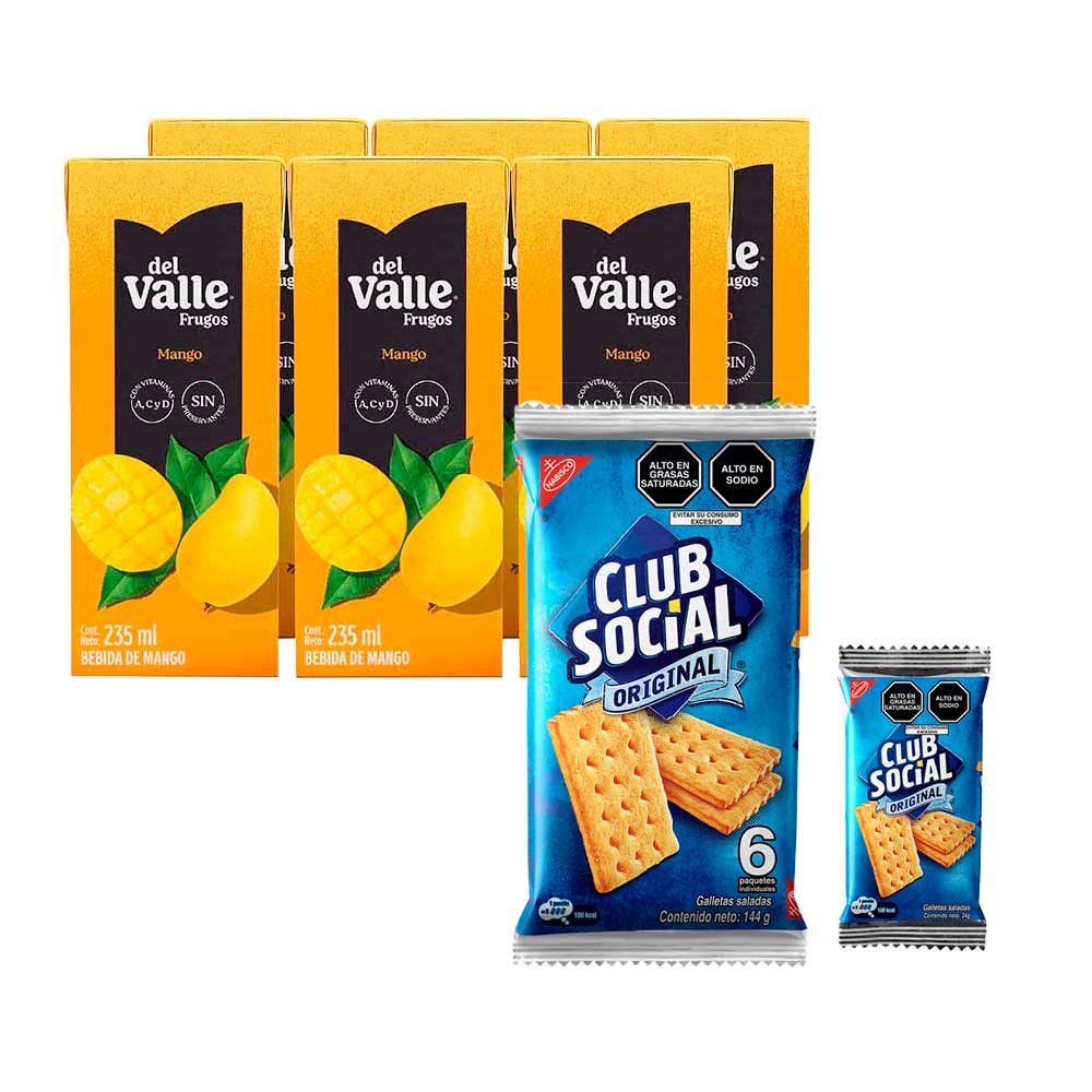 Pack Bebida FRUGOS DEL VALLE Mango Caja 235ml SixPack + Galletas Saladas CLUB SOCIAL sabor Original Paquete 6un