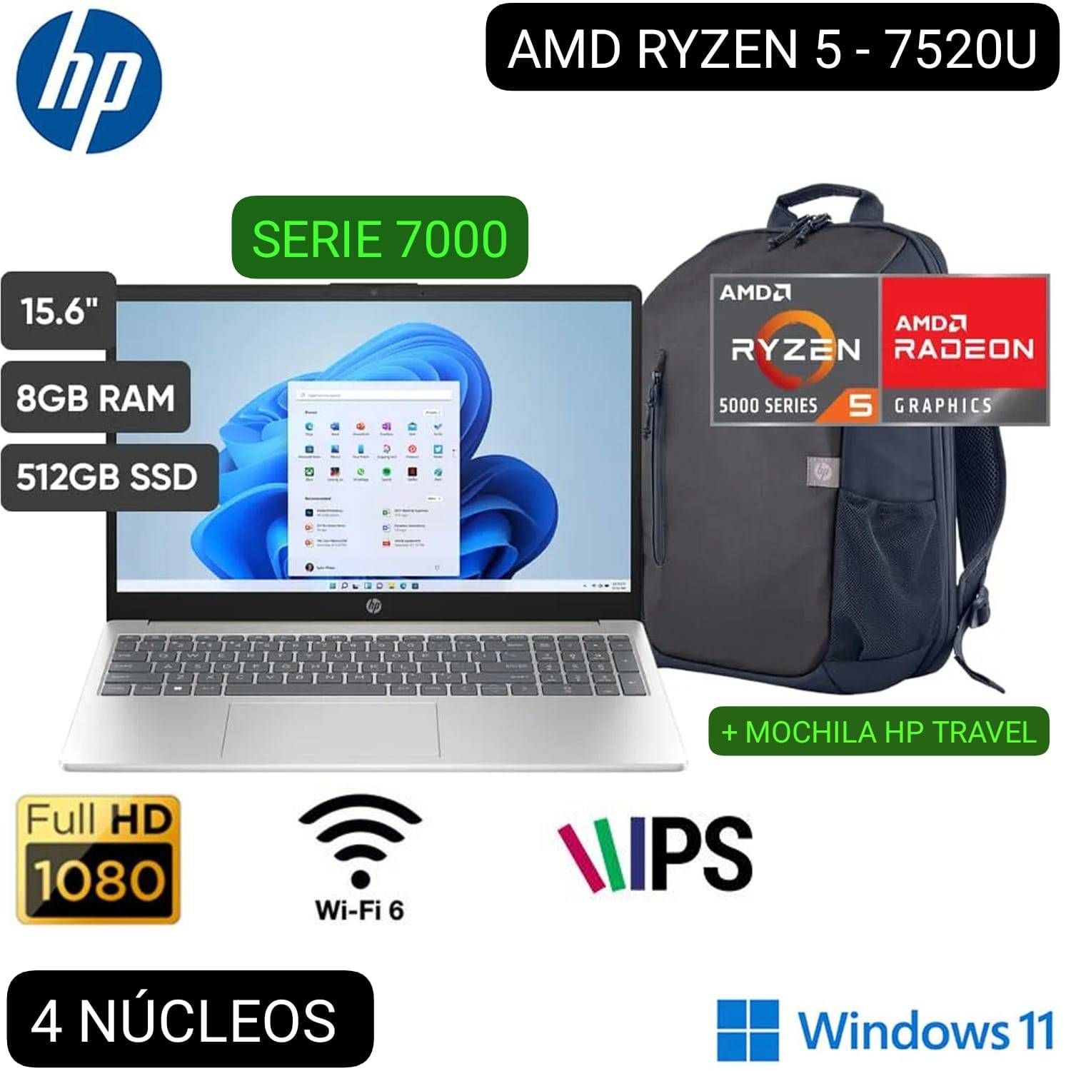 Laptop HP AMD Ryzen 5 (serie 7000) 8GB 512GB SSD 15-FC0008LA 15.6" Full HD + Mochila