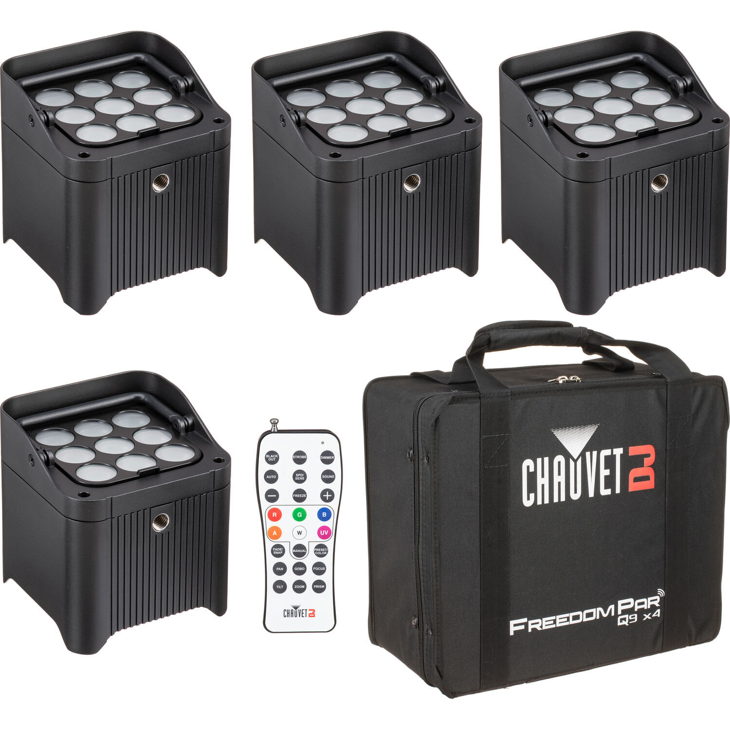 Kit de 4 Luces Led Par Chauvet Dj Freedom Par Q9 X4 True Wireless Rgba con Bolsa de Transporte Cont