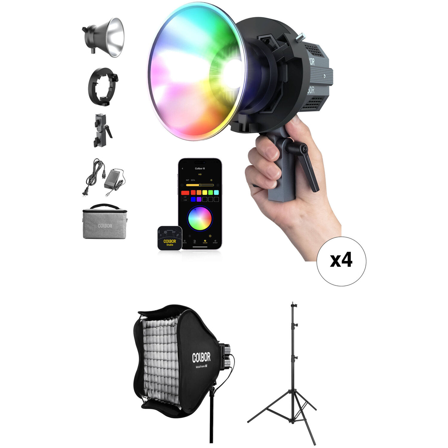 Kit de 4 Luces de Estudio Colbor Cl60R Rgb Cob Led Monolight