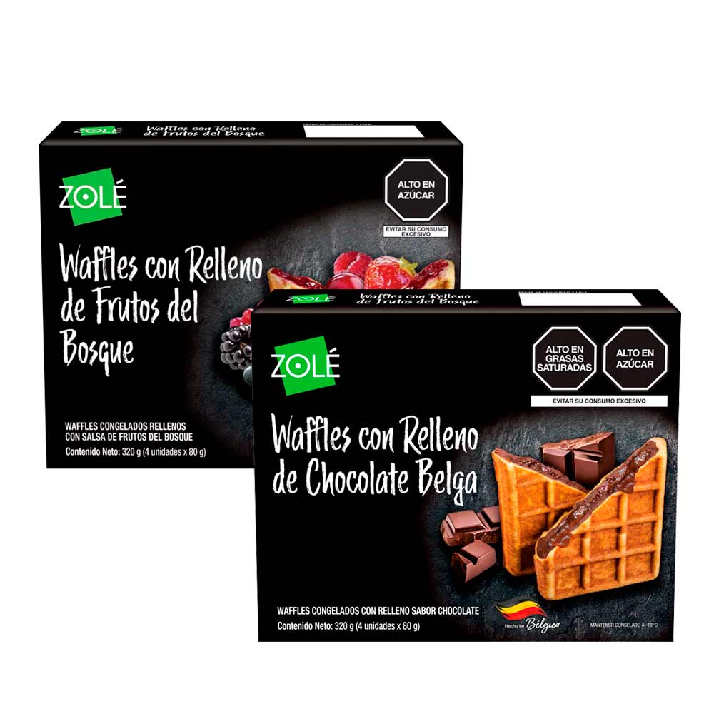 Pack Waffles ZOLE Relleno Frutos del Bosque Caja 320g + Waffles ZOLE Relleno Chocolate Belga Caja 320g
