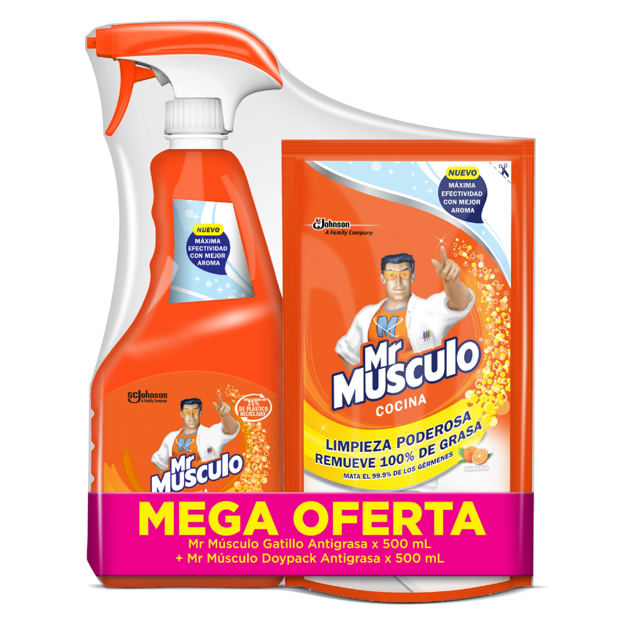 Sacagrasa MR MÚSCULO Naranja Spray 500ml + Sacagrasa MR MÚSCULO Naranja Doypack 500ml