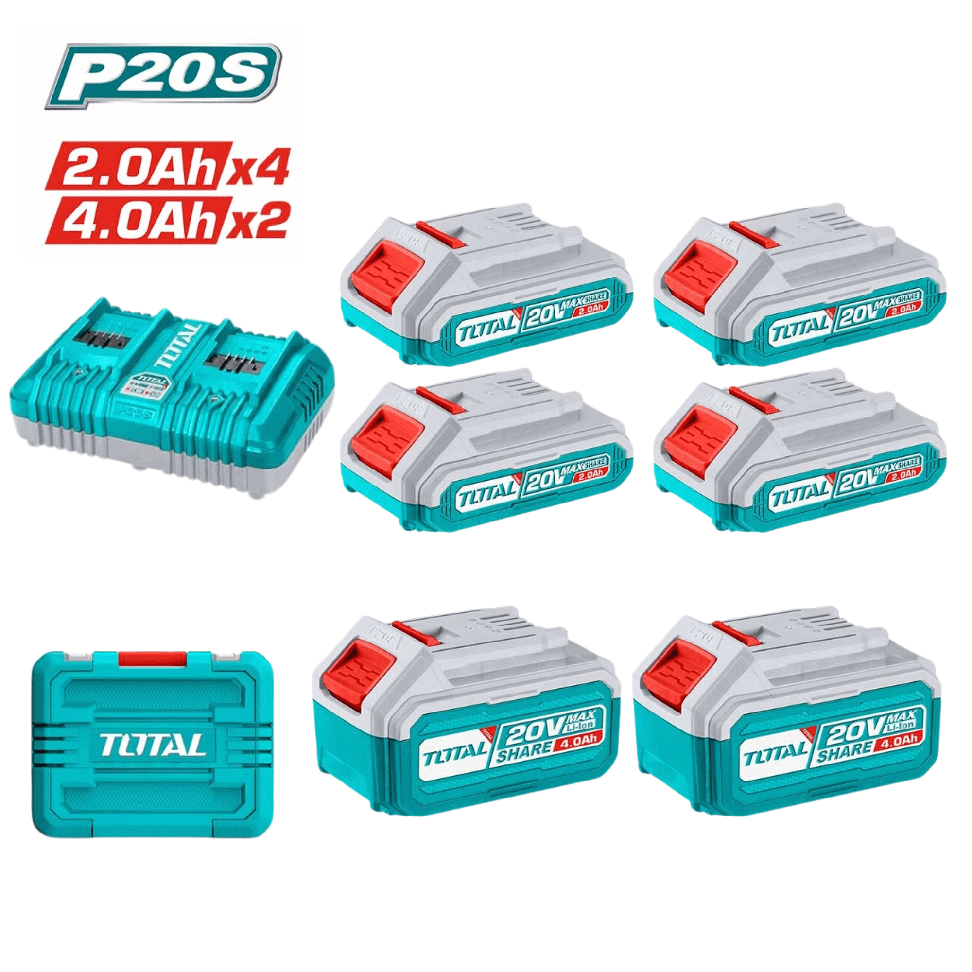 Pack 2 Baterias 20v 4ah + 4 Baterías 20v 2ah + Cargador Total TOSLI230701