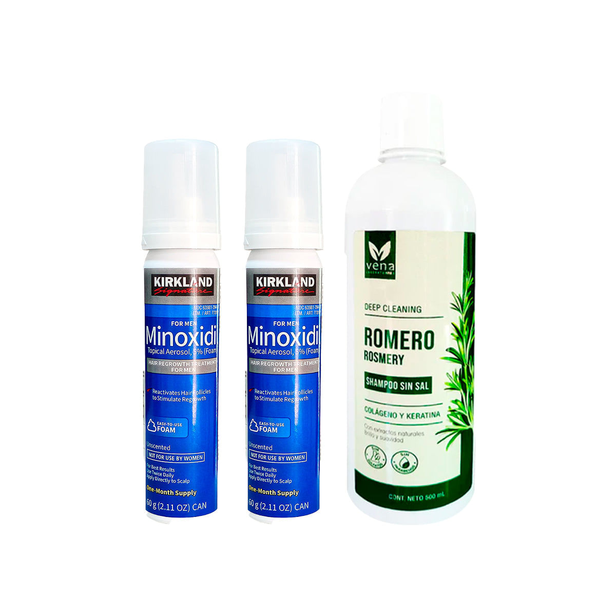 Minoxidil Espuma 2 Unidades + Shampoo Romero Vena 500ml