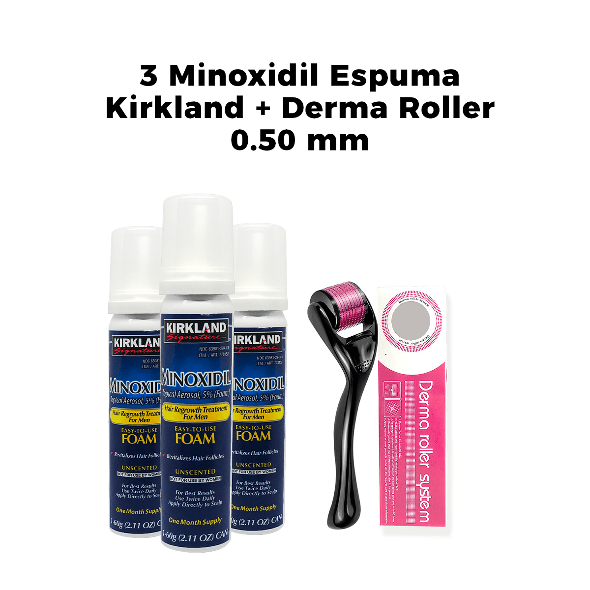 Minoxidil Espuma Kirkland 3 Uni + Derma Roller 0.50mm 1 Uni