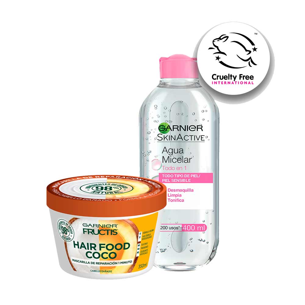 Pack Agua Micelar GARNIER 400ml + Crema de Tratamiento FRUCTIS Hair Food Reparadora de Coco Frasco 350ml