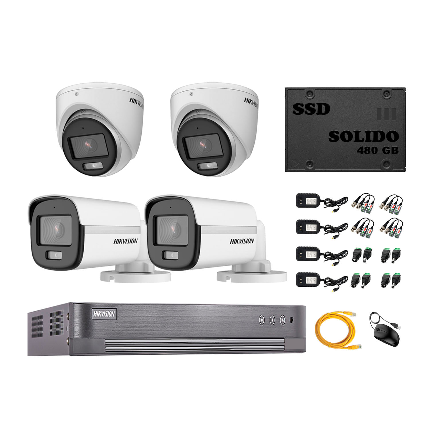 Cámaras Seguridad Hikvision Kit 4 Full Hd Audio Colorvu Vision Disco Ssd 480gb