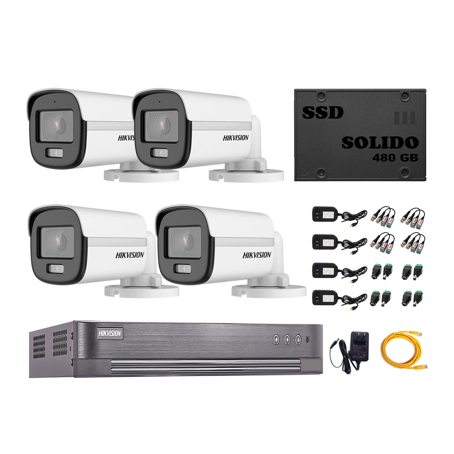 Cámaras Seguridad Exterior Hikvision Kit 4 1080p Tubo Colorvu Noche Disco Ssd 480gb