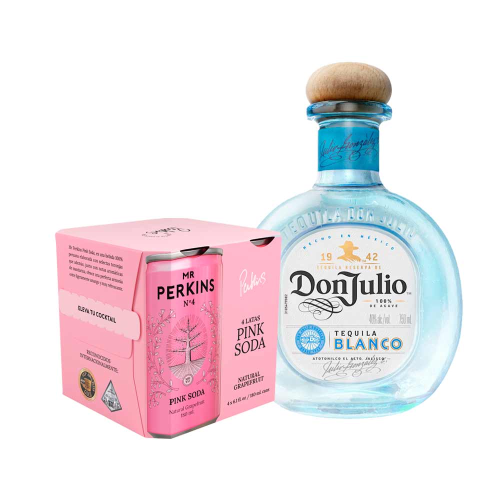 Pack Tequila DON JULIO Blanco 750ml + Agua Saborizada MR PERKINS Soda Pink 4 Pack Lata 180ml
