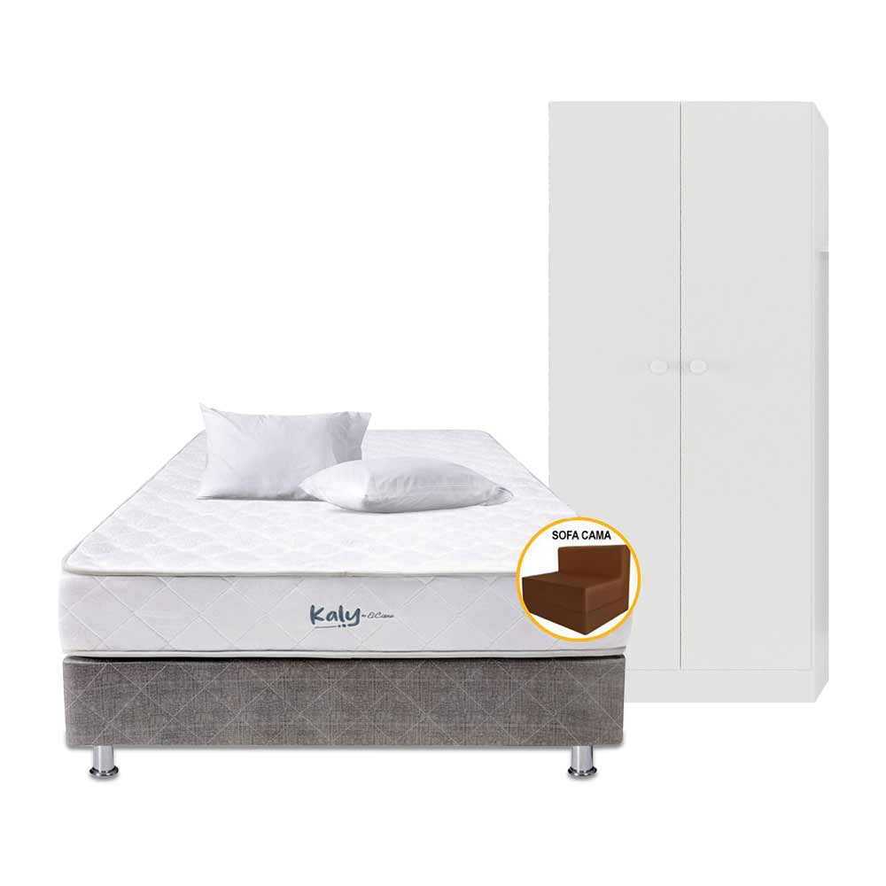 Pack Cama EL CISNE Kaly 2 Plz + Colchón + Box Tarima + Sofá Cama + 2 Almohadas + Ropero VIVA HOME 2 Puertas Blanco