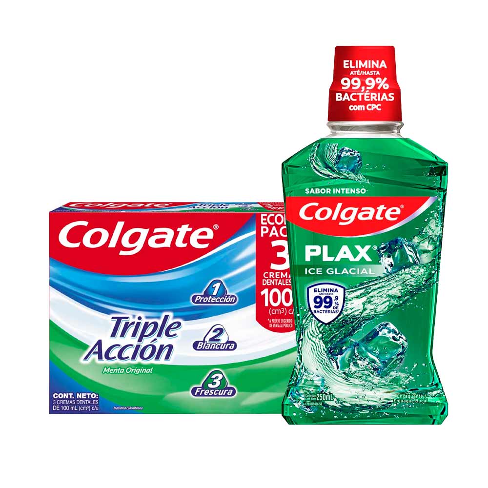 Pack Enjuague Bucal COLGATE Plax Ice Glacial Botella 250ml + Pasta Dental COLGATE Triple Acción 3x100ml