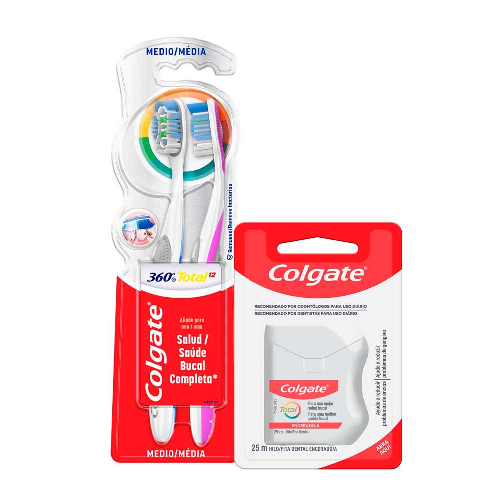 Pack Cepillo De Dientes COLGATE 360° Total 12 x2un + Hilo Dental COLGATE Total 12 x 25mts