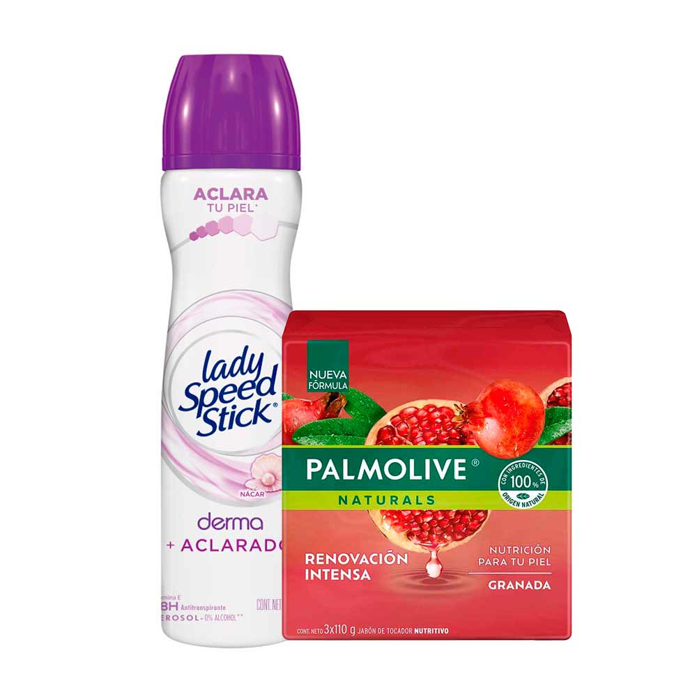 Pack Desodorante LADY SPEED STICK Derma + Vitamina E Aerosol 91g + Jabón en Barra PALMOLIVE Naturals 3x120g