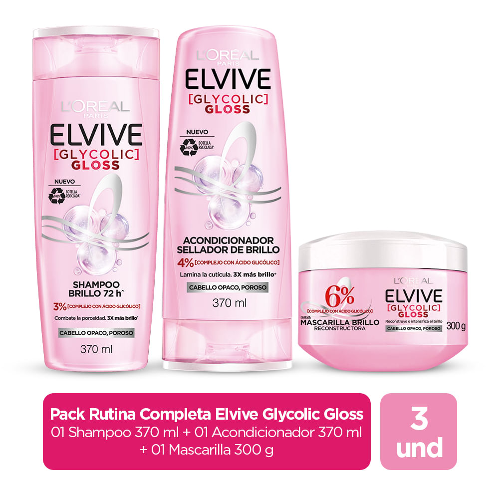 Pack ELVIVE Crema de Tratamiento Glycolic 300g + Acondicionador Glycolic Gloss 370ml + Shampoo Glycolic Gloss 370ml