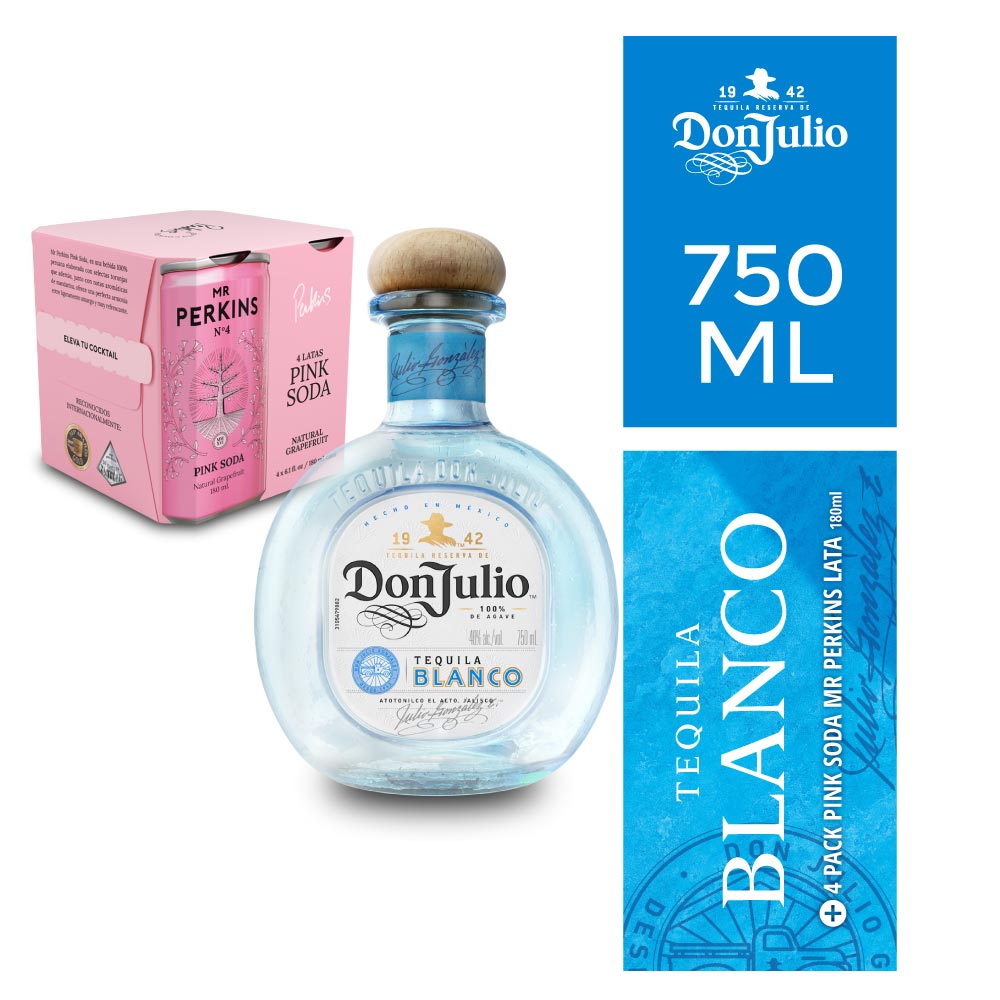 Pack Tequila DON JULIO Blanco 750ml + Agua Saborizada MR PERKINS Soda Pink 4 Pack Lata 180ml