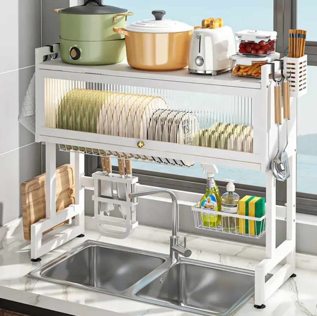 Escurridor de Platos de Acero Inoxidable de Fregadero Cocina con Tapa Blanco