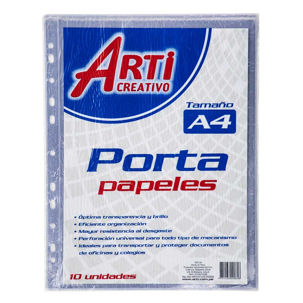 Portapapeles ARTI CREATIVO A4 Micas Paquete 10un