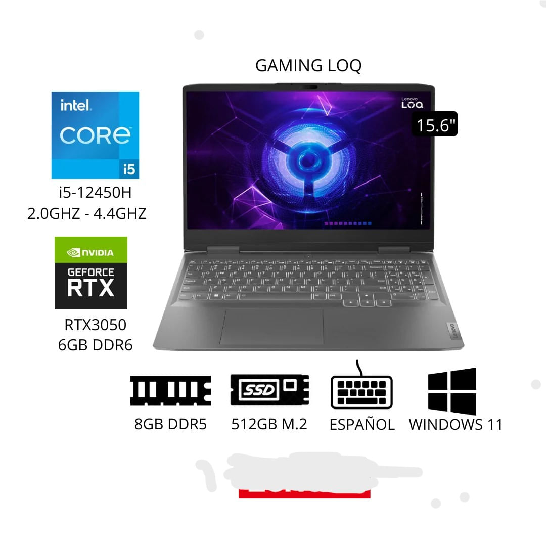 Laptop Lenovo LOQ Intel Core I5 12450H 8gb 512gb 6G RTX3050 15.6Fhd 144HZ Window 11 Gris