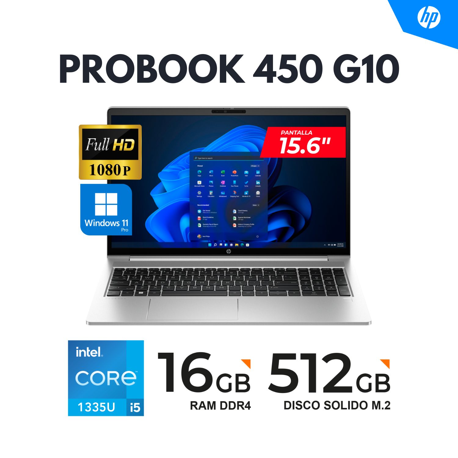 Laptop HP Probook 450 G10  Core™ i5 1335U  15.6" FHD  16GB DDR4  512GB SSD  Win11 PRO EMPRESARIAL