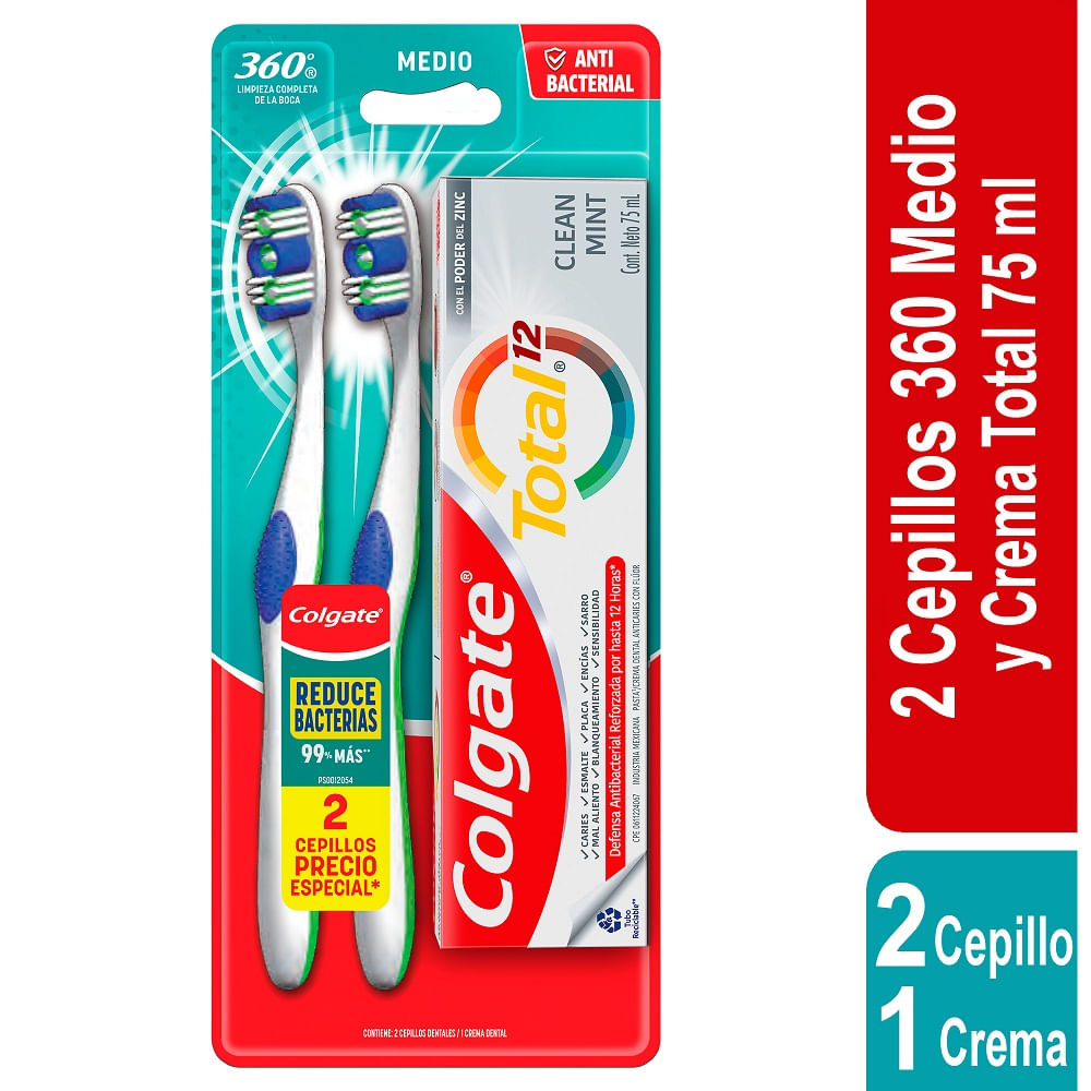 Cepillo Dental COLGATE 360° x2un y Pasta Dental Colgate Total 12