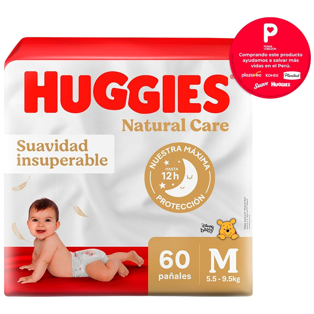 Pañales para Bebé HUGGIES Natural Care HiperPack Talla M Paquete 60un