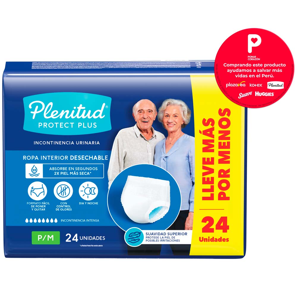 Pañal para Adulto PLENITUD Protect Plus Incontinencia Intensa Talla P/M Paquete 24un