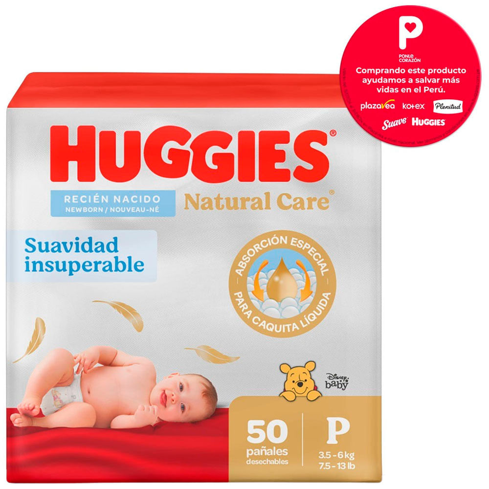 Pañales para Bebé HUGGIES Natural Care Primeros 100 Días Talla P Paquete 50un