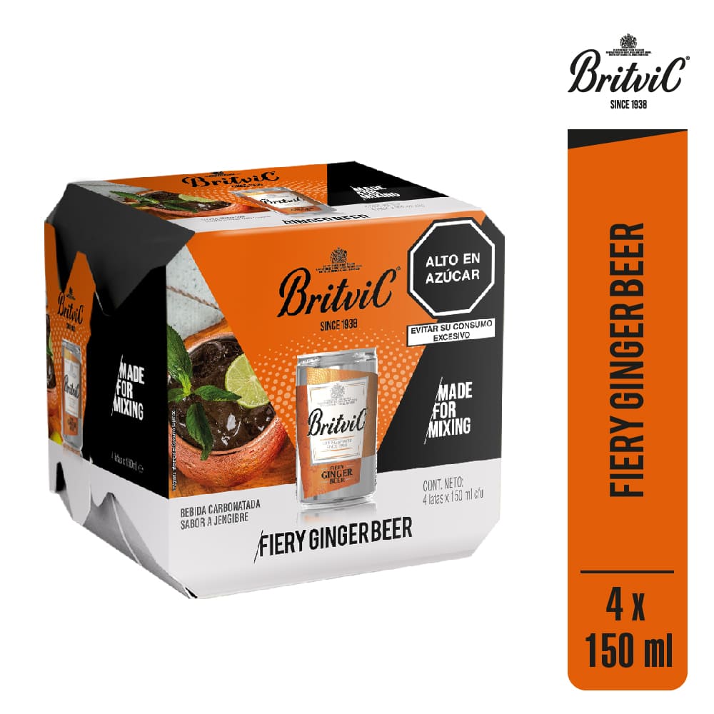 Pack Ginger Beer BRITVIC Fiery 4 Pack Lata 150ml