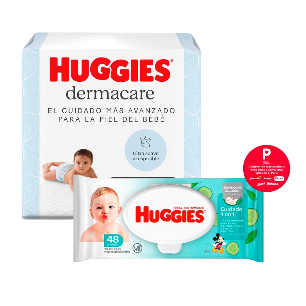 Pack Pañal HUGGIES Dermacare Talla M Paquete 58un + Toallitas Húmedas para Bebé HUGGIES One & Done Paquete 48un