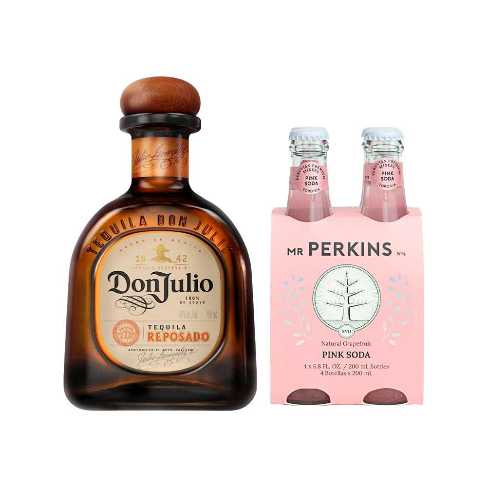 Pack Tequila DON JULIO Reposado Botella 750ml + Agua Tónica MR PERKINS Pink Soda Botella 200ml Paquete 4un