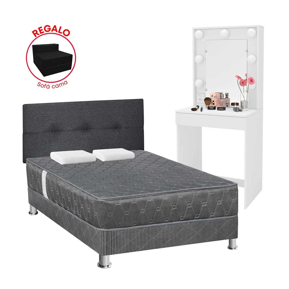 Pack Dormitorio FORLI Acqua 2 Plazas + Sofá Cama + 2 Almohadas + Tocador VIVA HOME Paris C/Espejo Y Luces