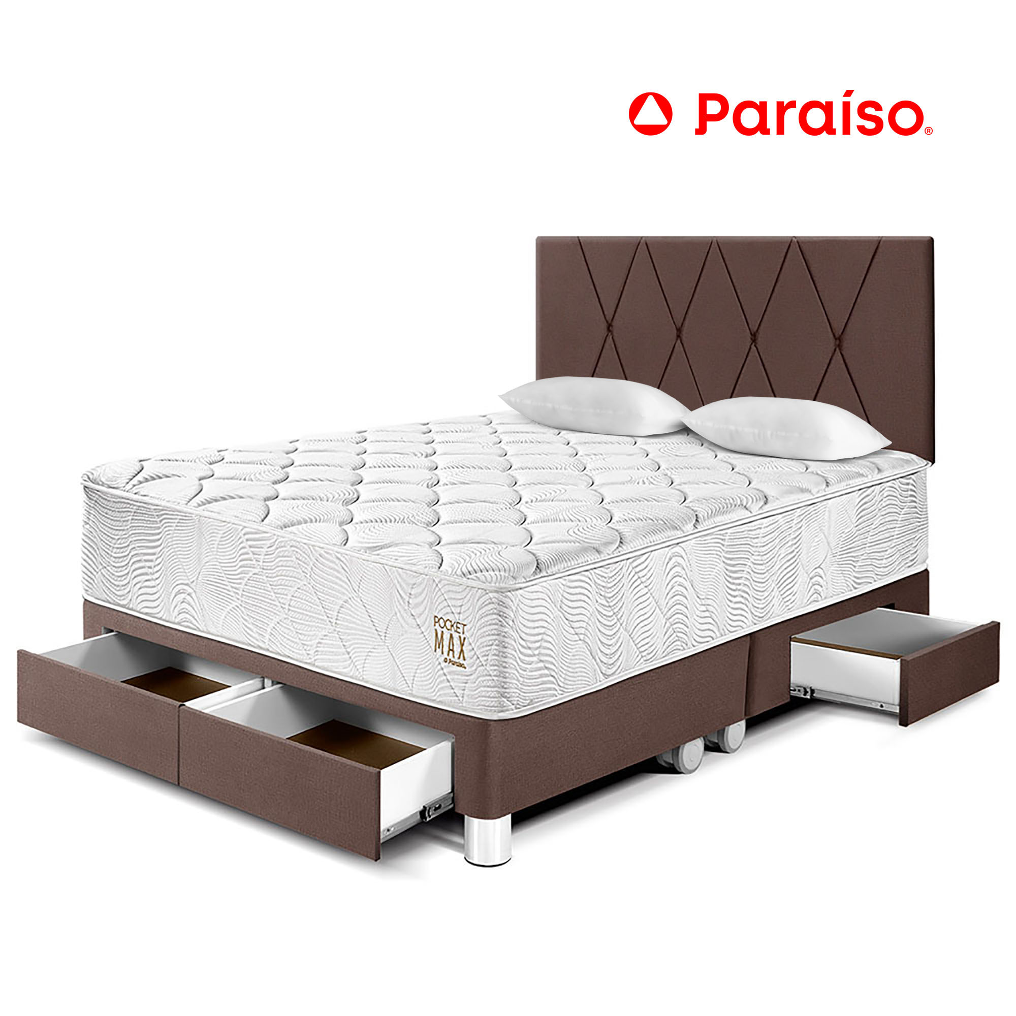 Dormitorio 4 Cajones PARAISO Pocket Max Chocolate Queen + 2 Almohadas + Protector