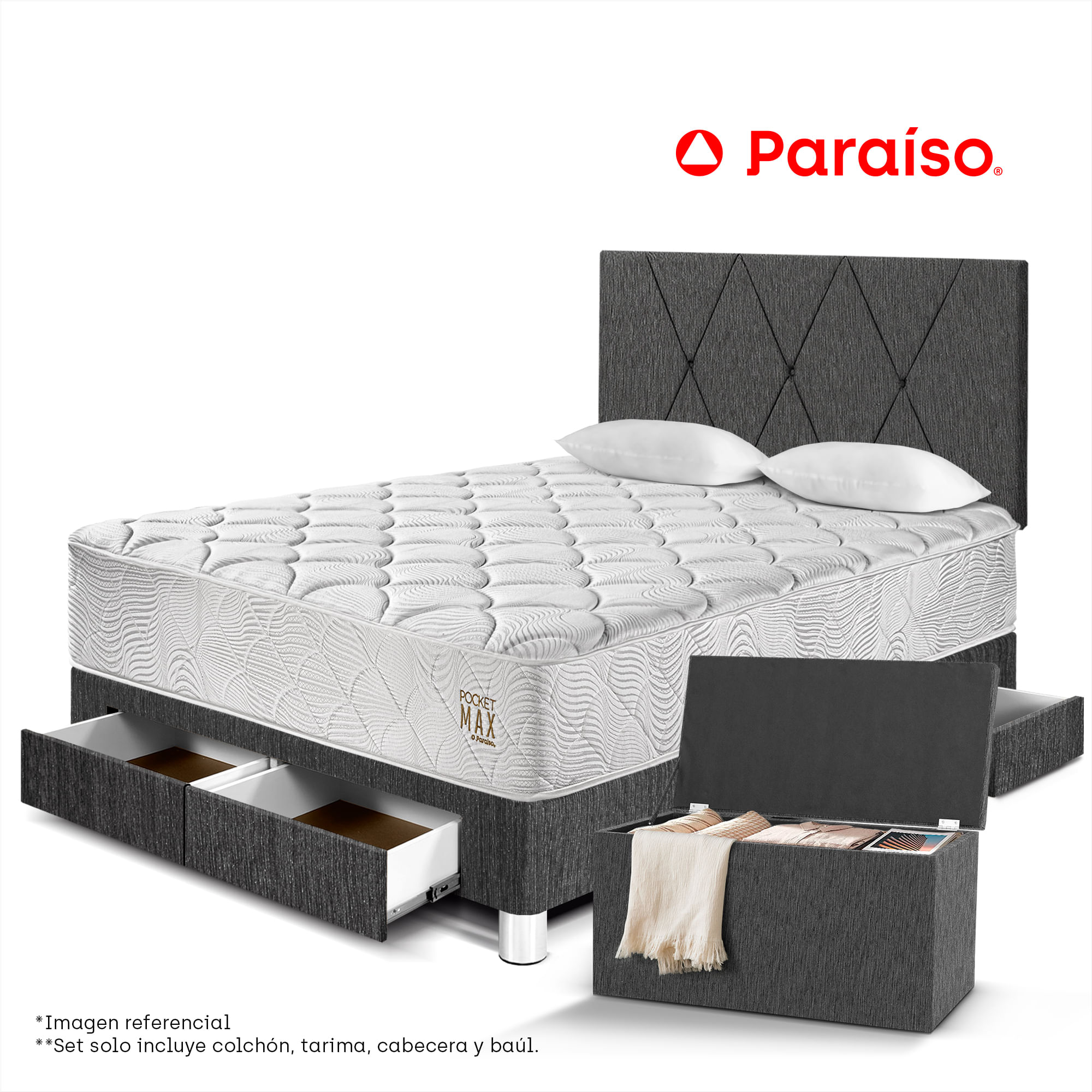 Dormitorio 4 Cajones PARAISO Pocket Max Charcoal 2 Plazas + Baúl + 2 Almohadas + Protector