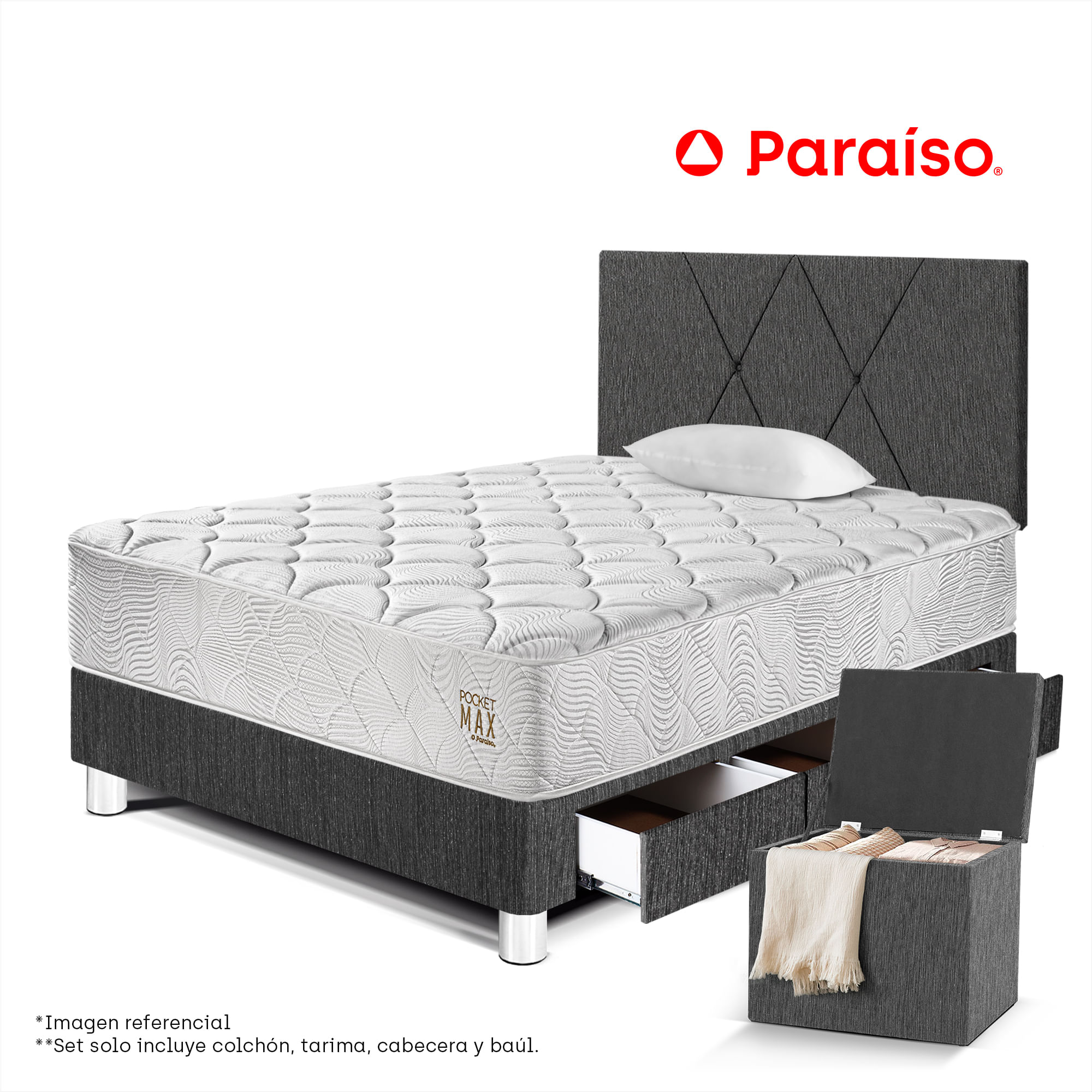 Dormitorio 3 Cajones PARAISO Pocket Max Charcoal 1.5 Plazas + Baúl + 1 Almohada + Protector