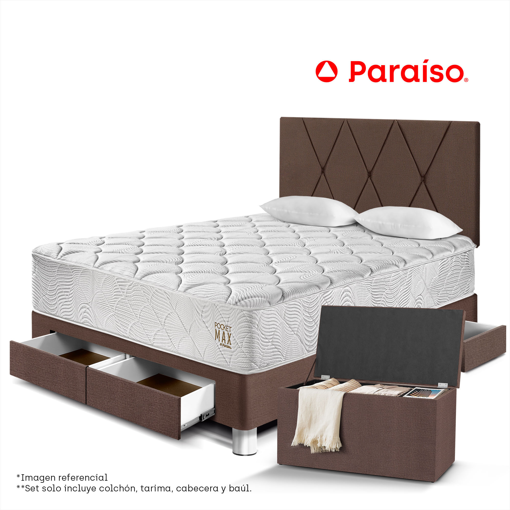 Dormitorio 4 Cajones PARAISO Pocket Max Chocolate 2 Plazas + Baúl + 2 Almohadas + Protector