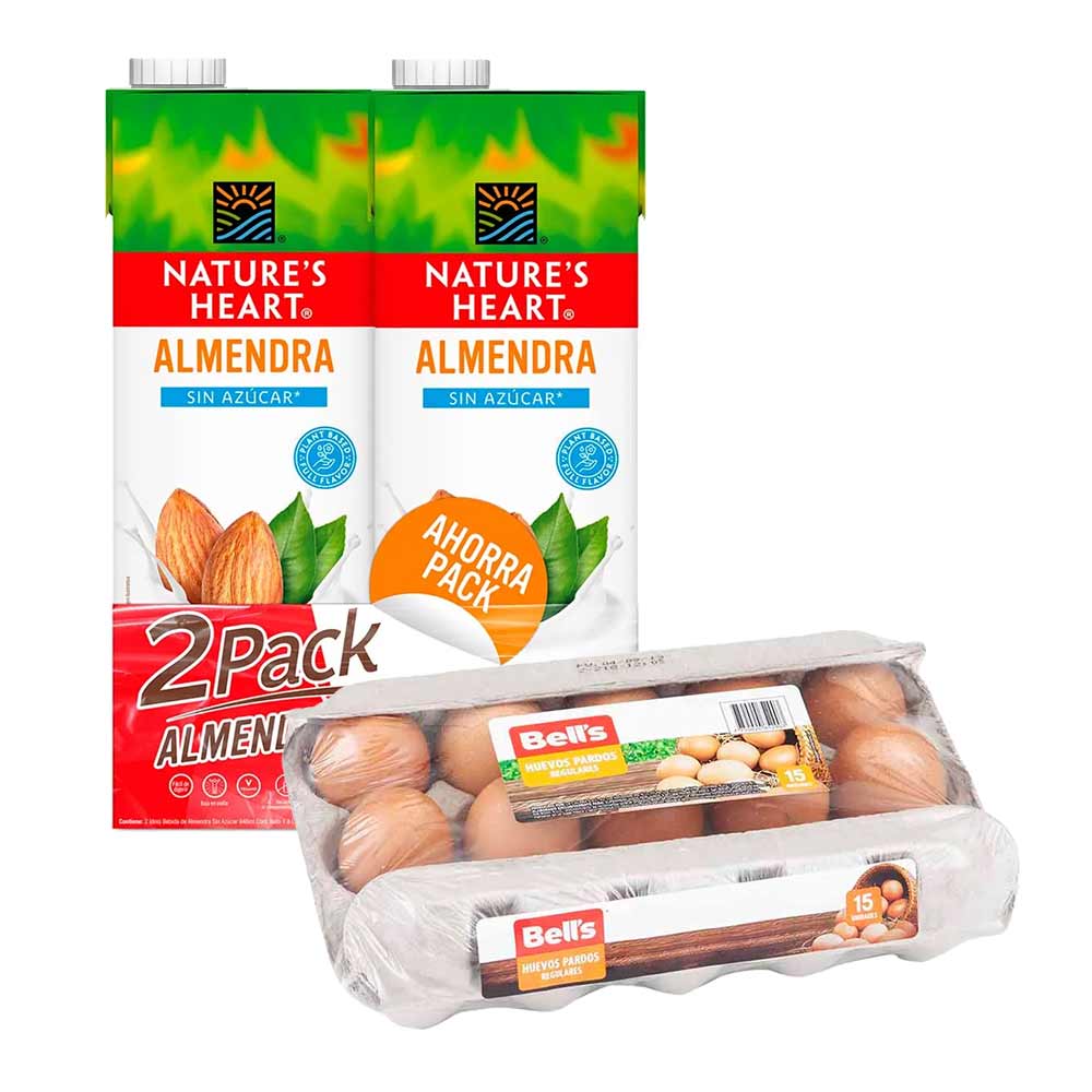 Pack Bebida de Almendra NATURES HEART sin Azúcar 946ml Paquete 2un + Huevos de Gallina BELL'S Pardos 15un