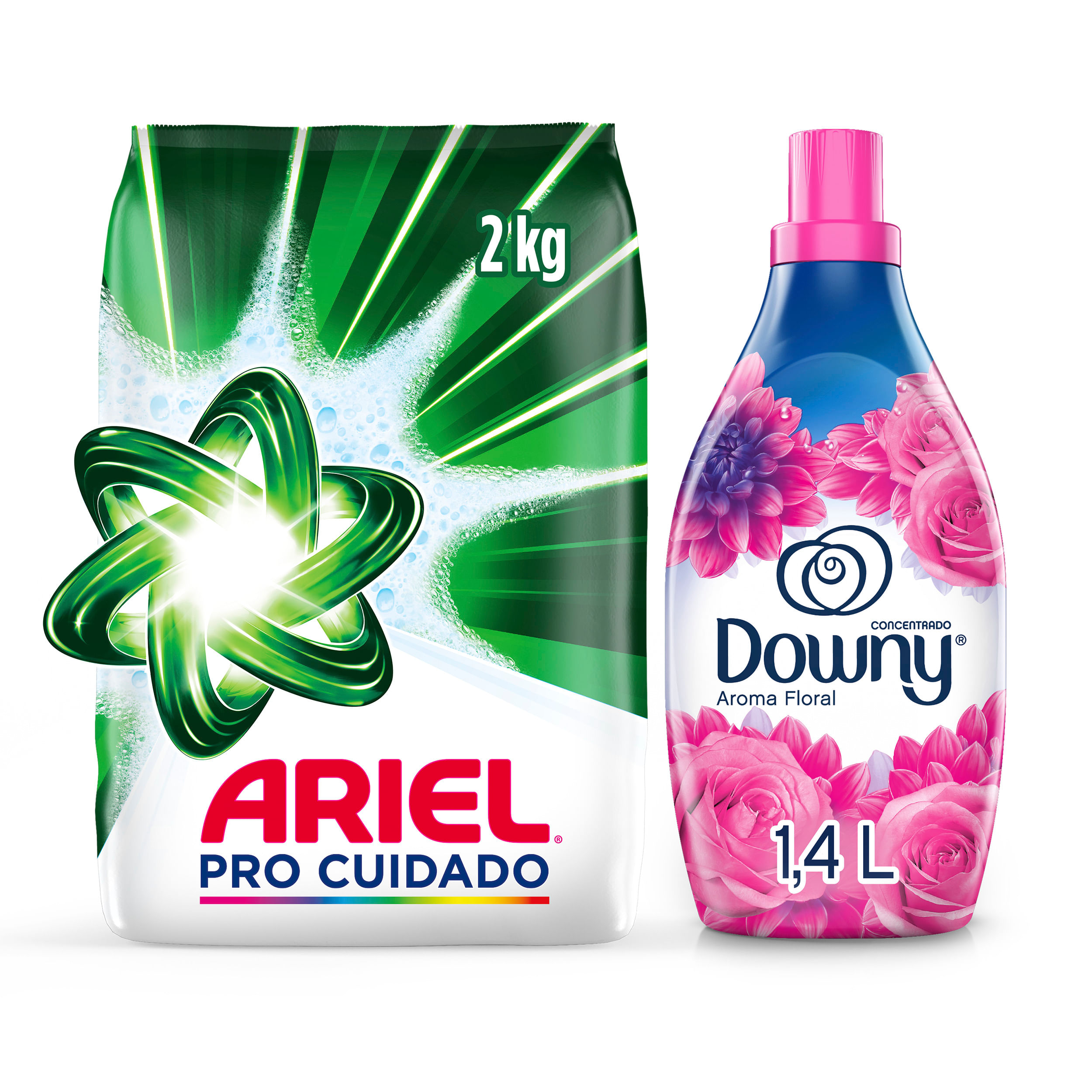 Pack Detergente en Polvo ARIEL Pro Cuidado 2 kg + Suavizante DOWNY Floral Concentrado 1.4L