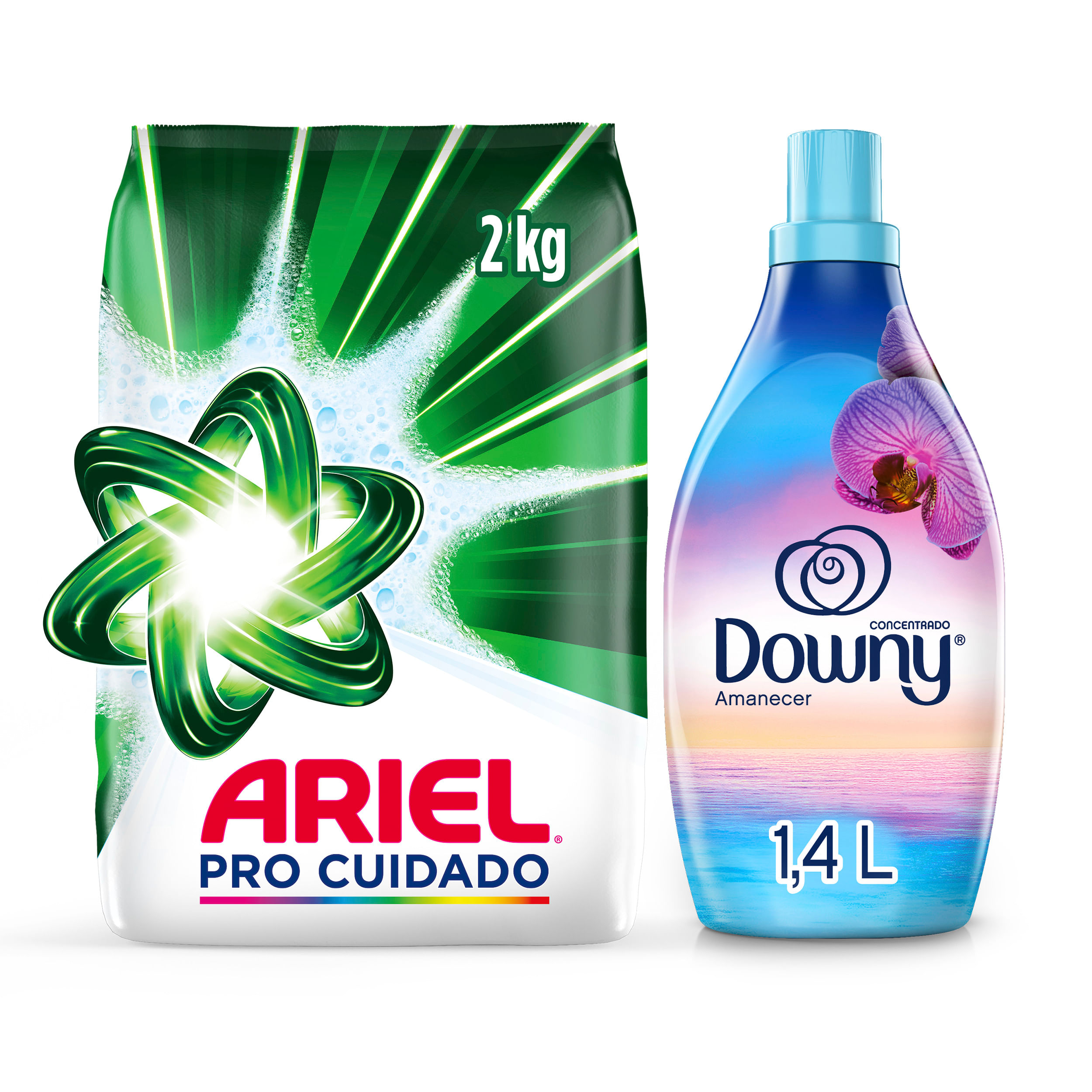 Pack Detergente Polvo ARIEL Regular Bolsa 2Kg + Suavizante Concentrado Líquido DOWNY Amanecer 1.4L