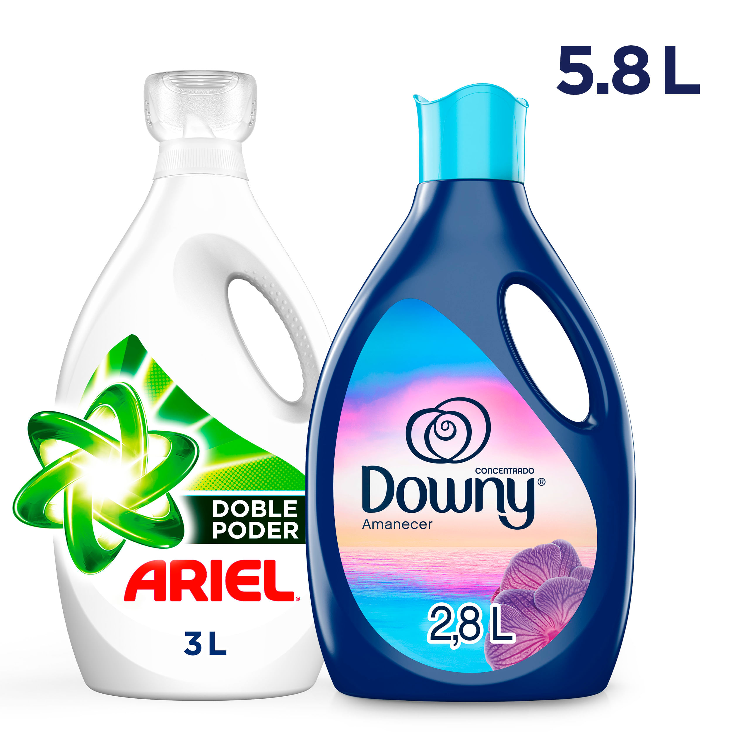 Pack Detergente Líquido ARIEL Concentrado Galonera 3000ml + Suavizante Concentrado Líquido DOWNY Amanecer 2.8L