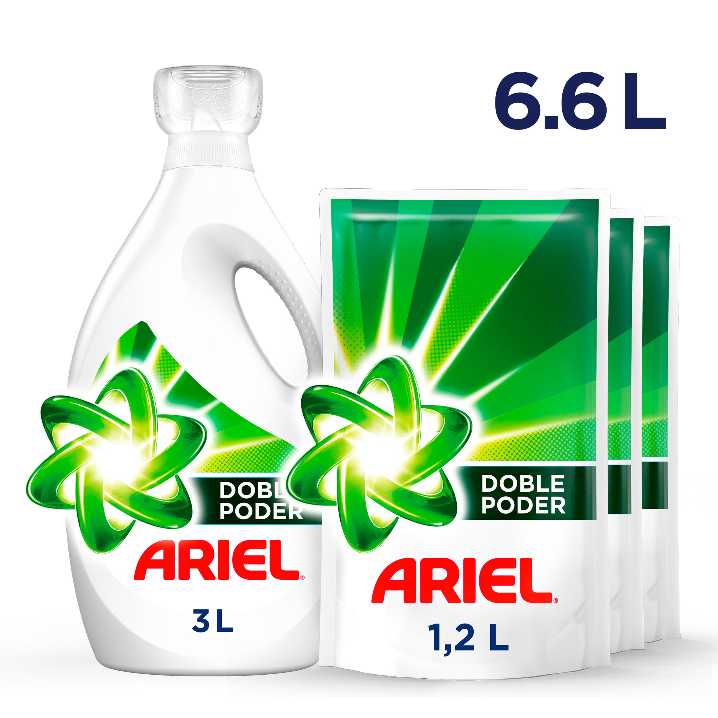 Pack Detergente Líquido ARIEL Doble Poder Doypack 1.2L x3un + Detergente líquido ARIEL Concentrado Galonera 3000ml